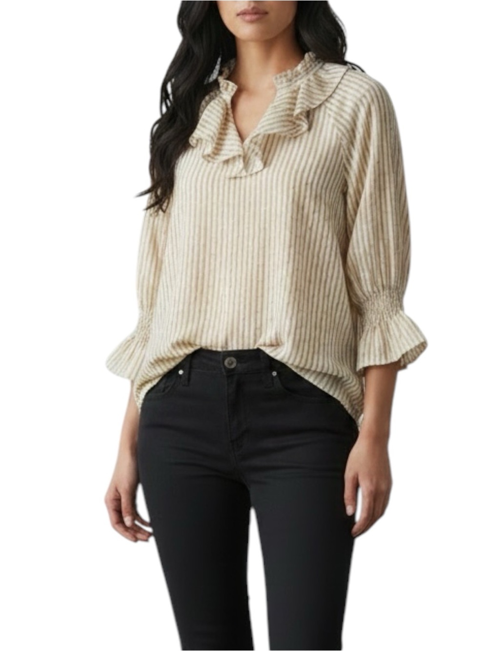 Michael Kors Ruffled V-Neck Striped Paisley 3/4 Sleeve Blouse